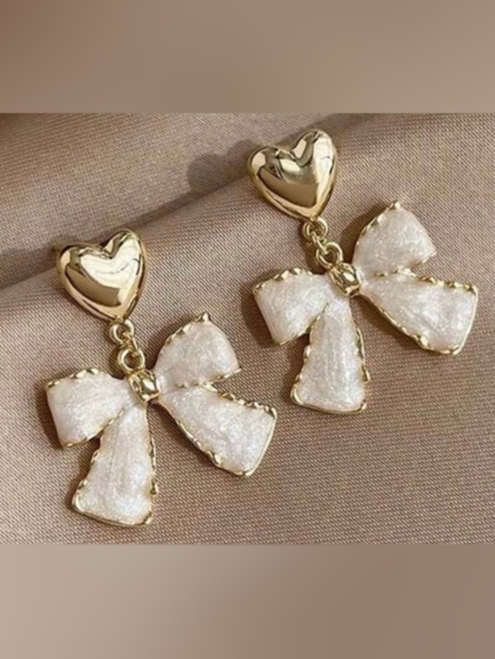 Gold Heart & White Bow Dangle Earrings